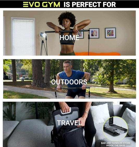 EVO Gym - Portable Home Gym Strength Training Equipment, at Home Gym | All in One Gym - Resistance Bands, Base Holds Gym Bar & Handles for Travel | Portable Gym & Home Exercise Equipment