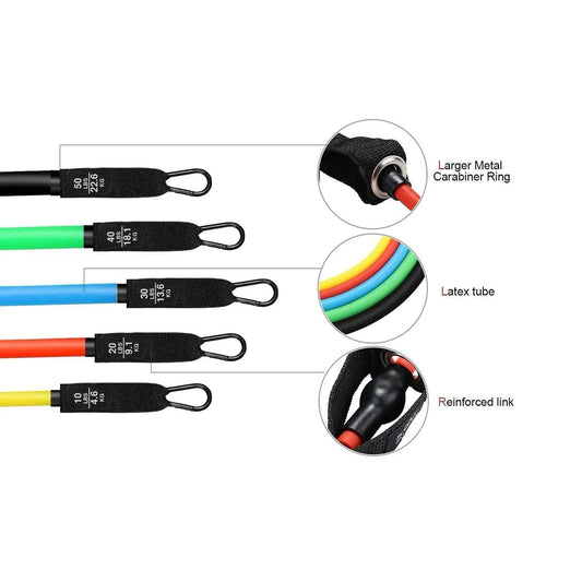 11-piece resistance band set with tubes, handles, ankle straps, door anchor, and carry bag for full-body training and yoga