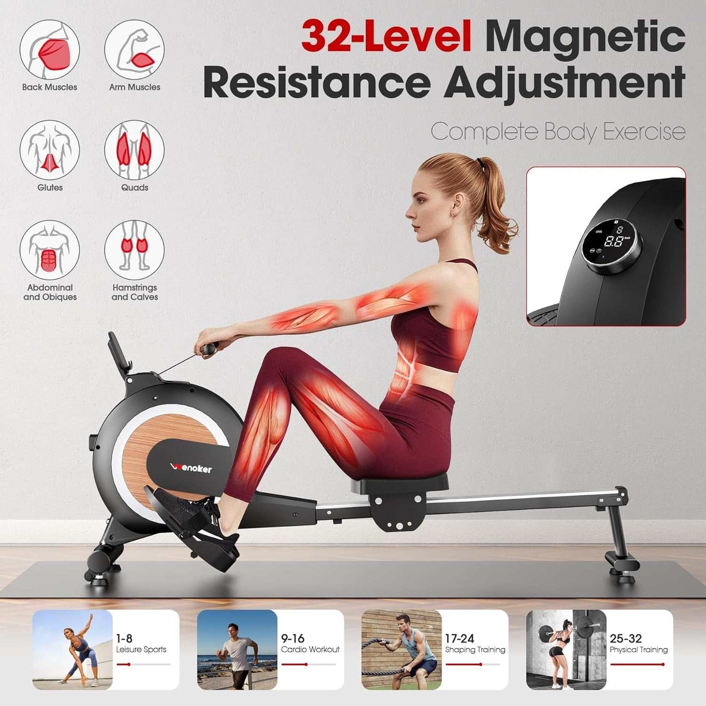 Rowing Machine, Magnetic Rowing Machine for Home, Upgraded 32-Levels Quiet Resistance with Smart Electronic Knob, 350 LBS Weight Capacity, Compact Rower Machine Easy Assembly, App Supported