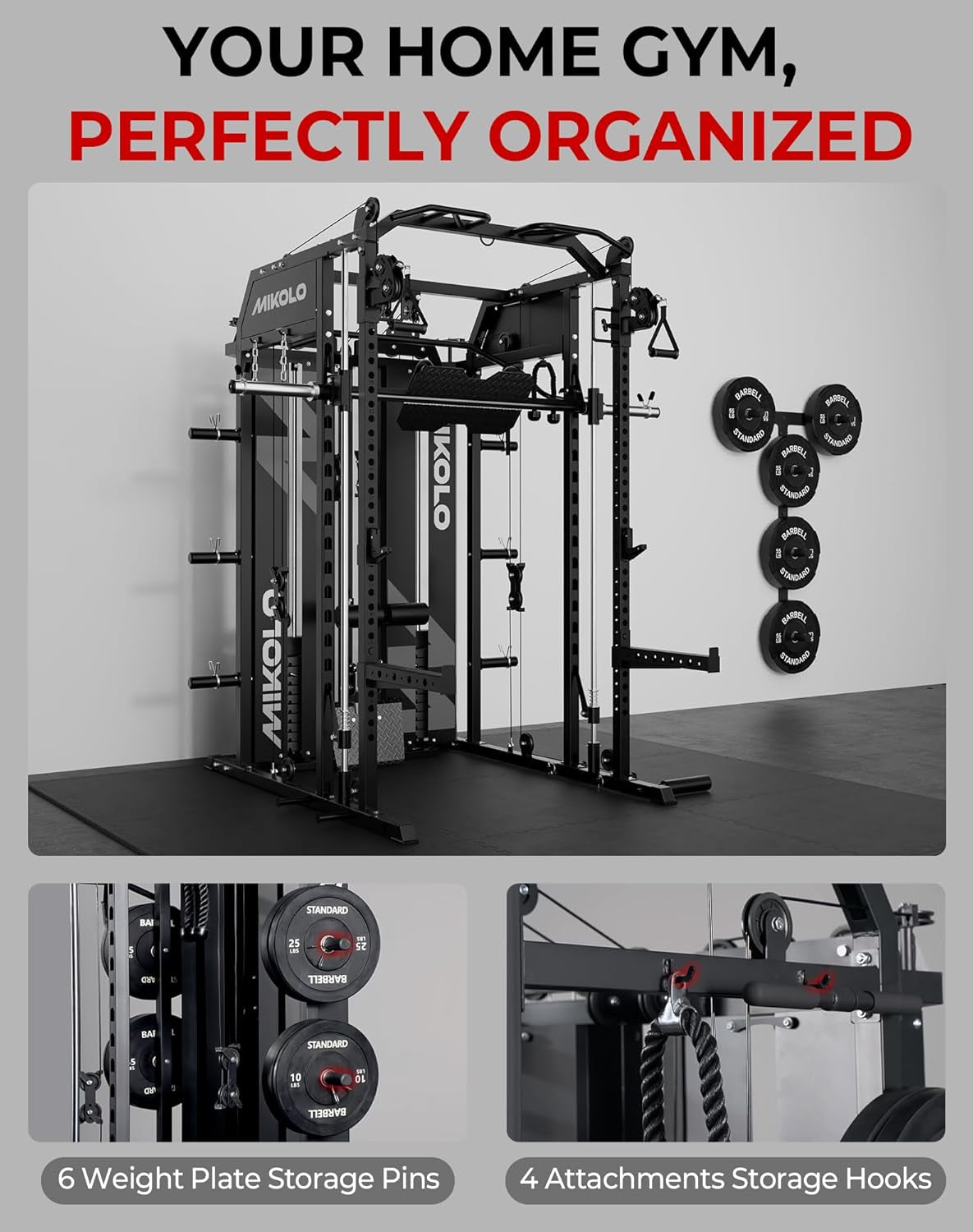 Smith Machine with Weight Stack, Power Cage Home Gym System with LAT Pulldown & Cable Crossover, Multi-Functional Trainer with Dual Pulley System, Includes 10+ Free Attachments