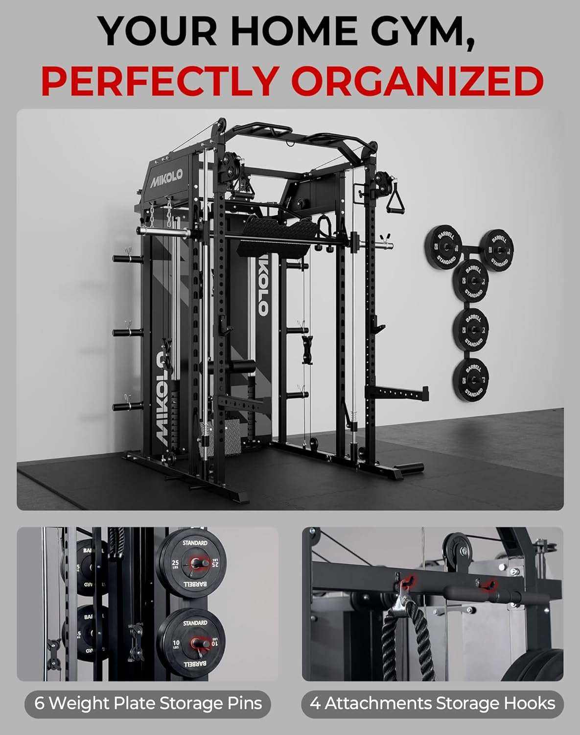 Mikolo Smith Machine home gym with dual 264 lb weight stacks and 10 training stations