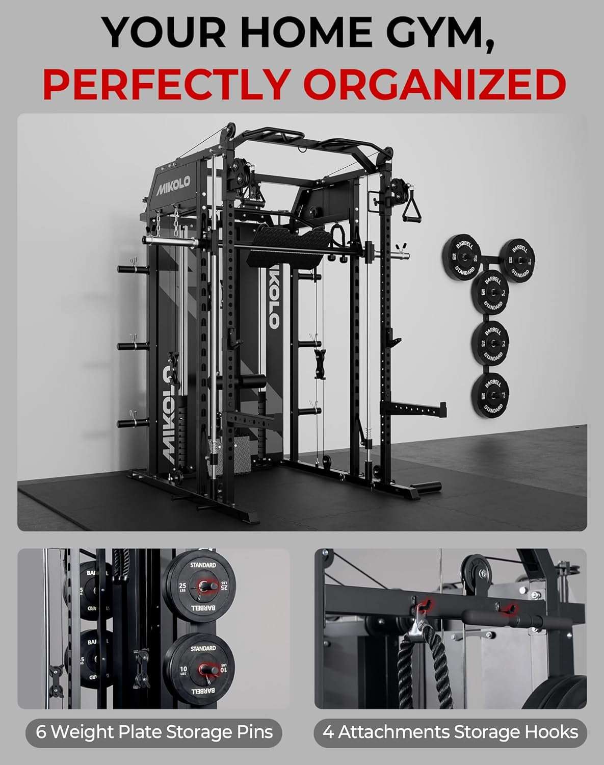Mikolo Smith Machine home gym with dual 264 lb weight stacks and 10 training stations