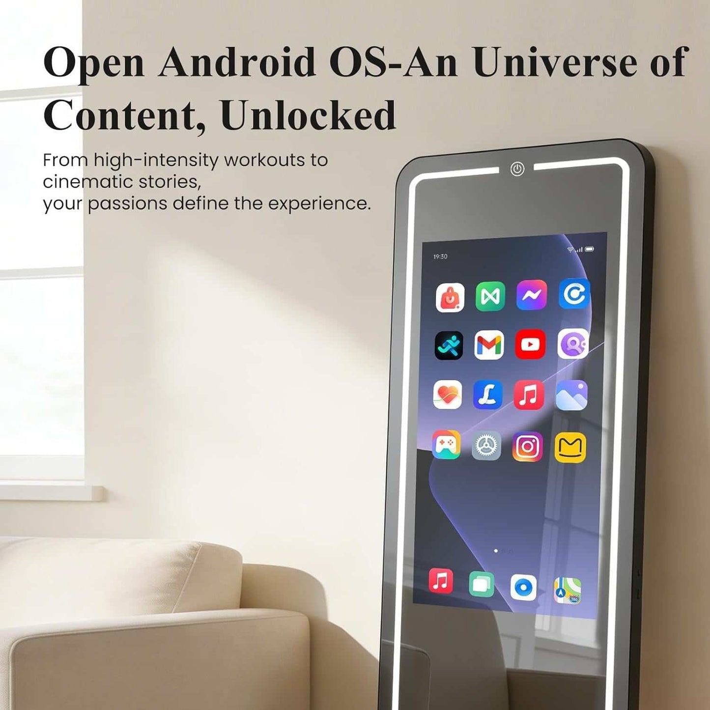 Smart Fitness Mirror for Home Gym Workout, 32" Touchscreen & Open System, No Subscription Fees, Support Fitness Apps, Wall Mount & Free Standing, Can Be Used with Home Workout Equipment