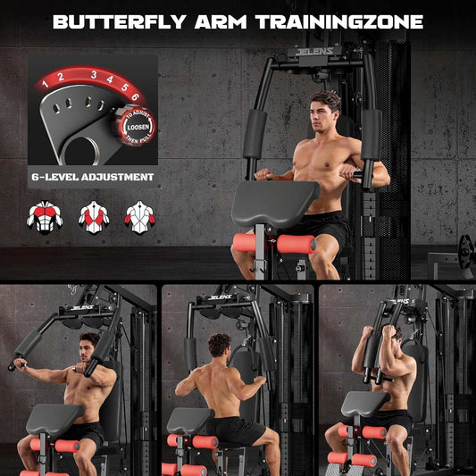 JELENS H11 Home Gym with 150 lb weight stack and adjustable seat for full-body workouts