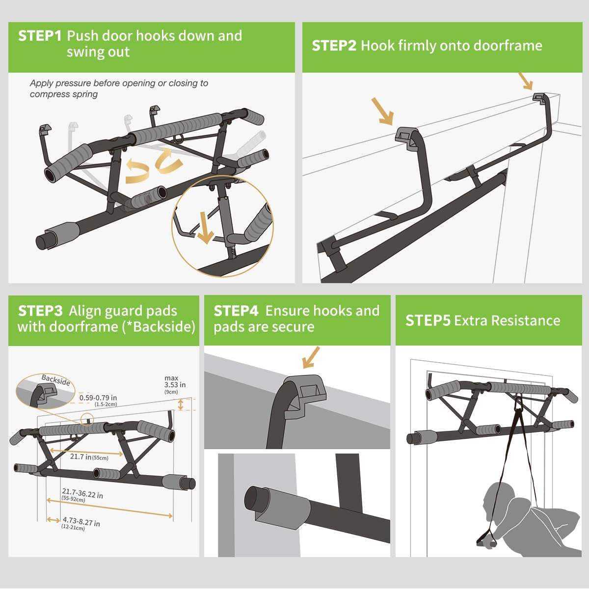 Foldable doorway pull-up bar with patented safe-hook system and protective padding installed in door frame