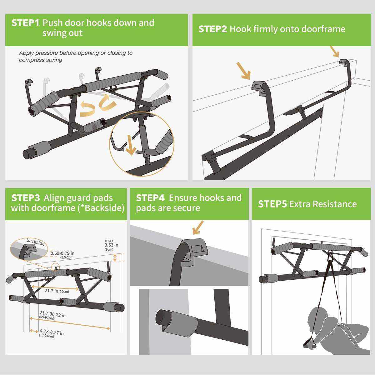 Foldable doorway pull-up bar with patented safe-hook system and protective padding installed in door frame