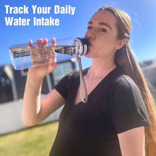 Water Bottle, 32Oz Motivational Sports Water Bottle with Time Marker - Times to Drink - Tritan, BPA Free, Wide Mouth Leakproof, Clear (1 Bottle)