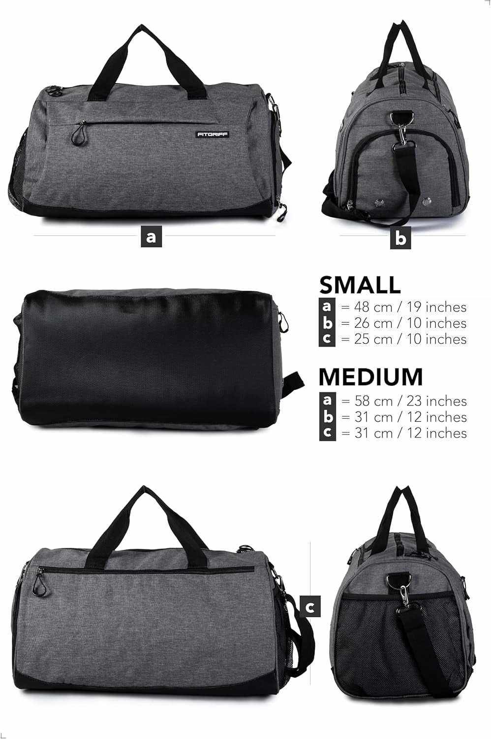 FITGRIFF Gym Bag in black with adjustable strap and multiple compartments for sports and travel