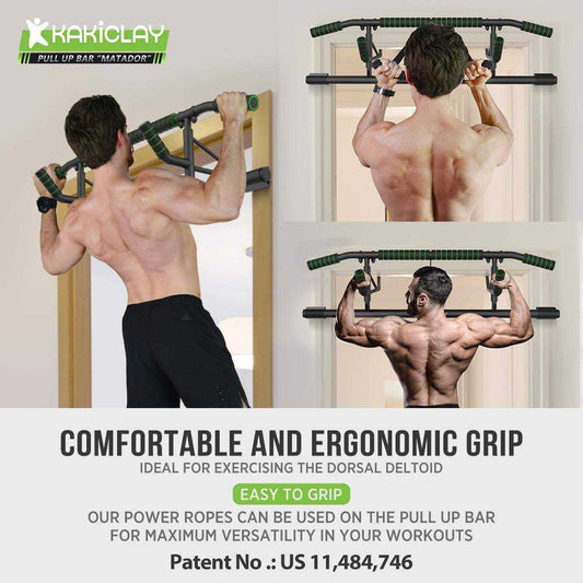 Vitelle foldable doorway pull-up bar with padded grips and lever-hook system installed in doorframe