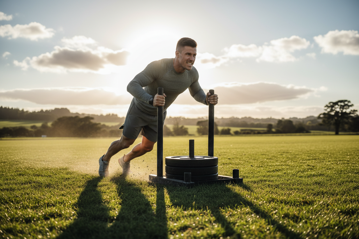 Man pushing Steel Power Weight Sled during training