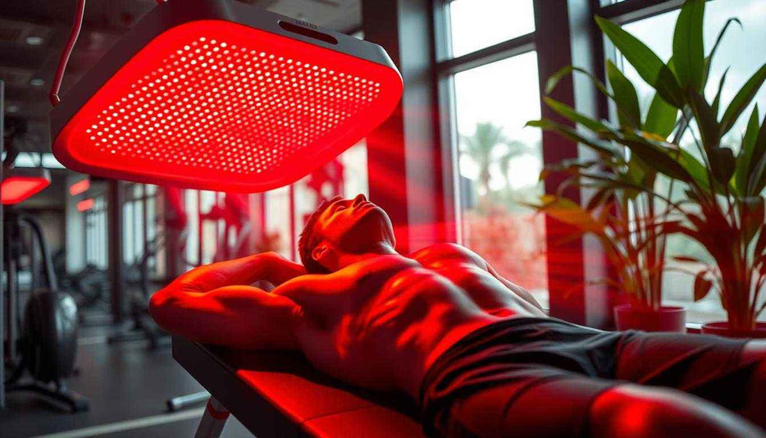 Person using Vitelle Elite Red Light Therapy Pod with light panels glowing red
