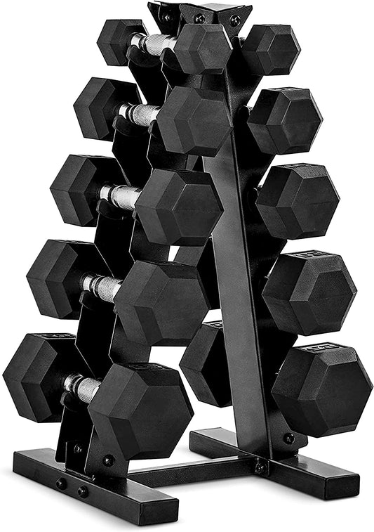 Barbell Rubber Coated Hex Dumbbell Set with Storage Rack | 100–210 Lb Options, Space-Saving Vertical Compact Storage for Home Gym Strength Training