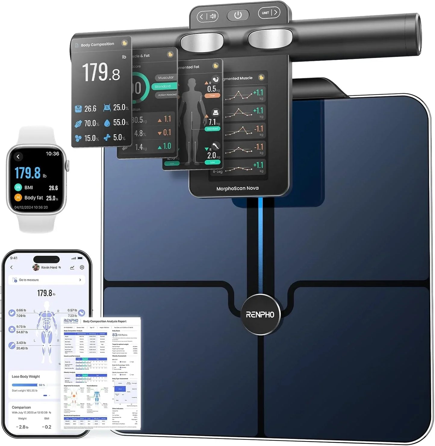 Morphoscan Nova 8-Electrode Body Composition Scale with BMI Body Fat Muscle Mass Full-Color LCD Dark Blue - Modern Mixed Goods