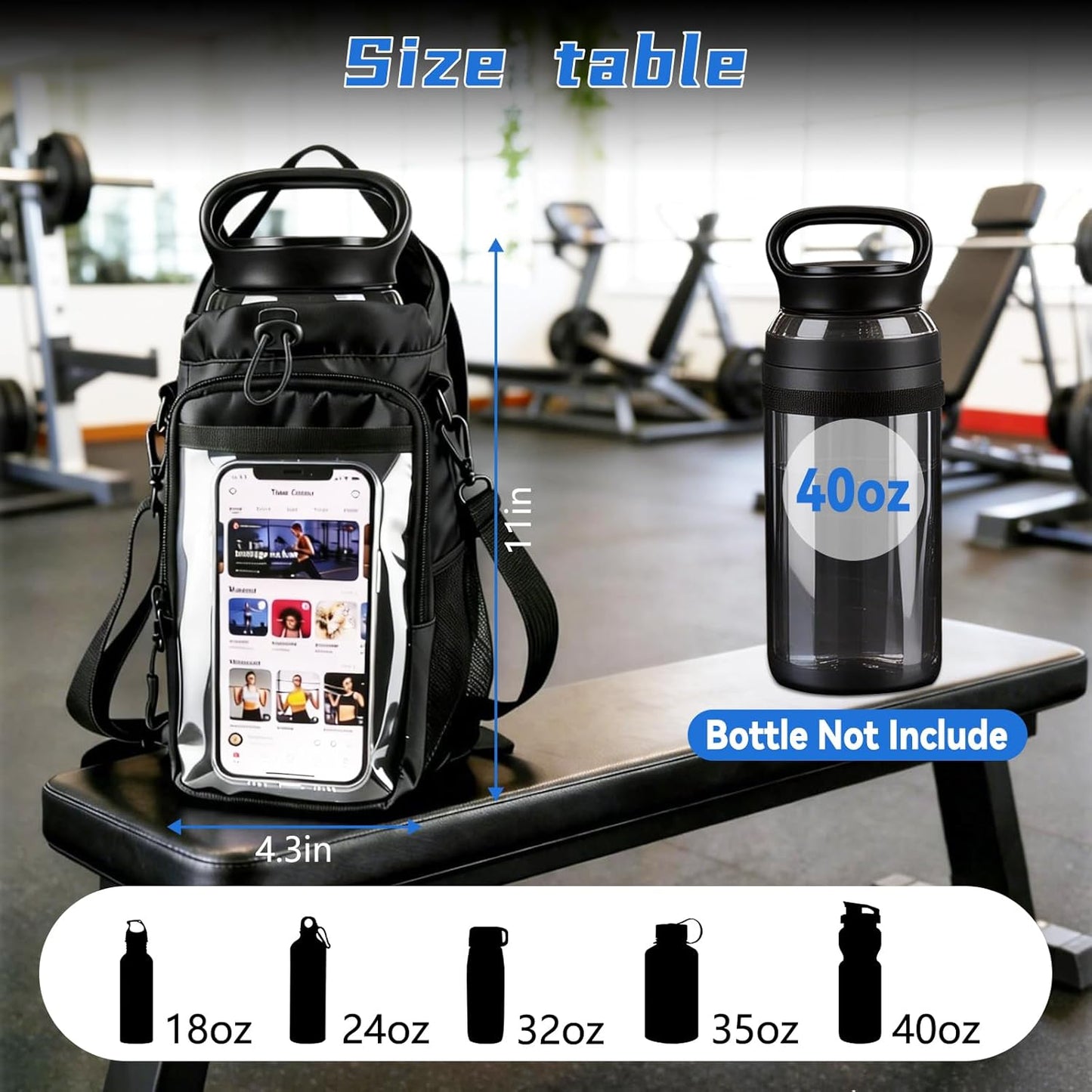 Magnetic Gym Bag, Magnetic Gym Water Bottle Bag with Strap 4 Strong Magnets, Upgraded Clear Design Phone Bag, Gym Gifts for Men & Women Gym Accessories (Black)