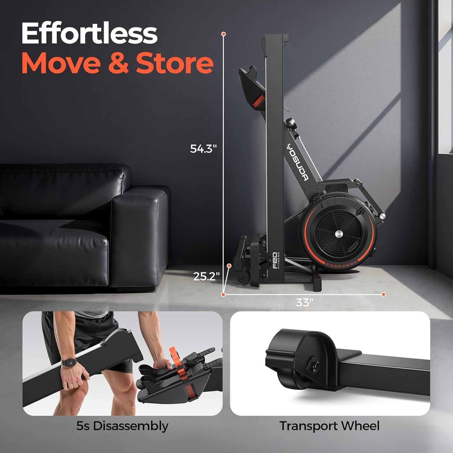 R2 Rowing Machine for Home, Professional Adjustable Air Resistance Rower Machines with Self-Powered Monitor, 53.7'' Row Rail, Ergonomic Comfort Seat, Easy Storage