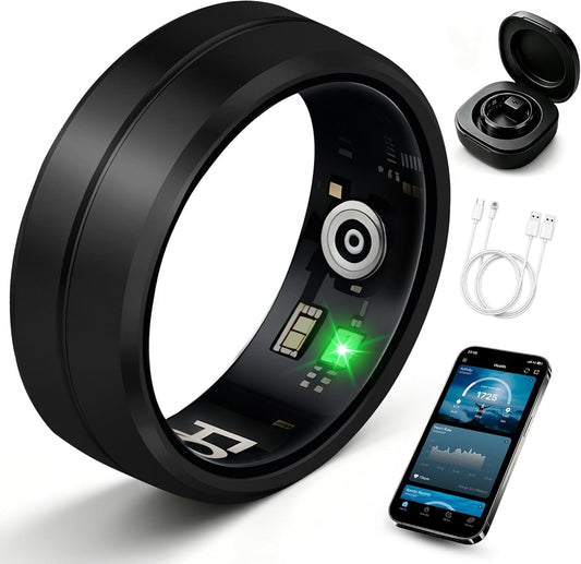 Black smart ring for women and men with matte scratch-resistant design, health and fitness tracking, sleep and stress monitoring, waterproof, long battery life, and no app fee.