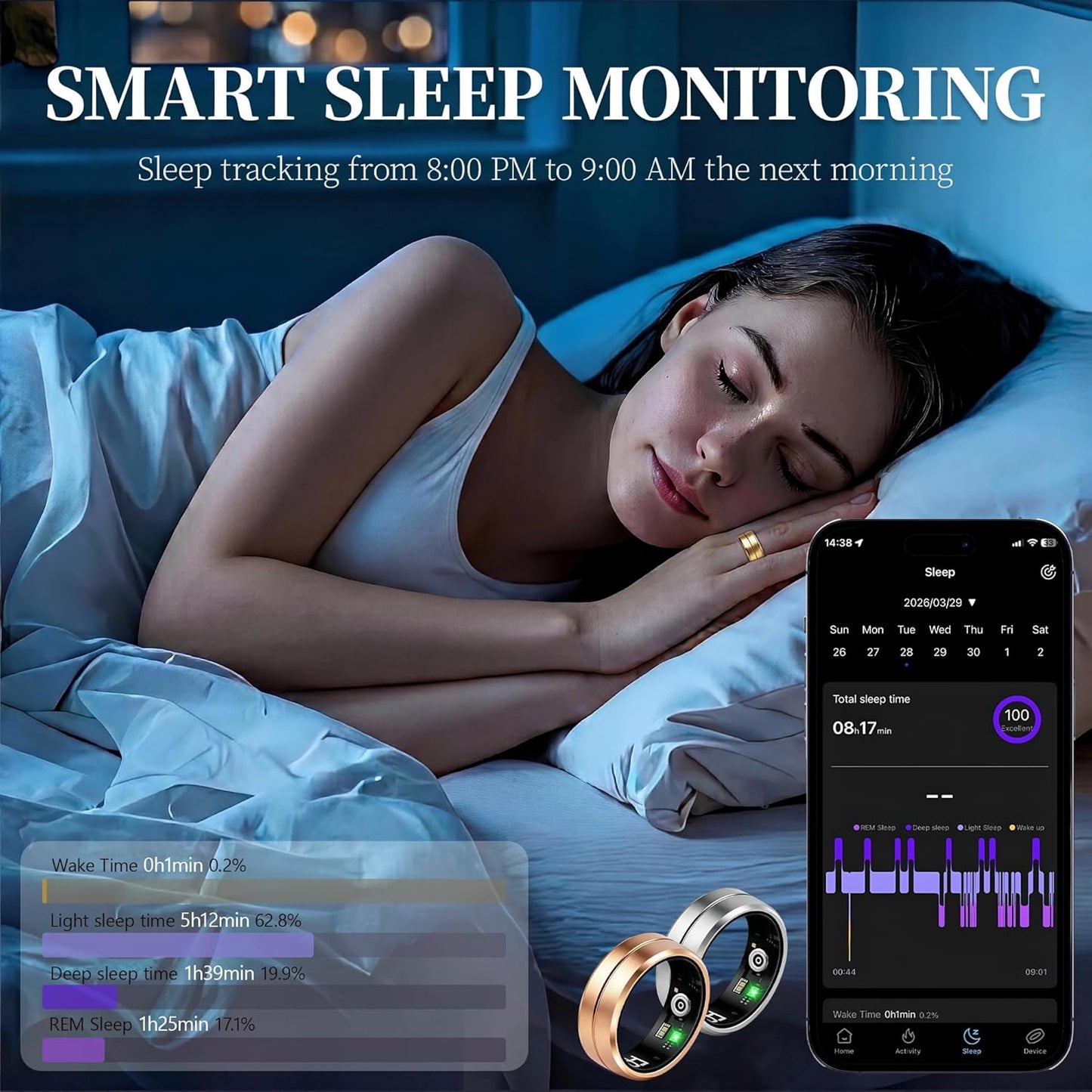 Smart Ring for Women Men, All-New Matte Scratch-Resistant Design, Health & Fitness Tracker for Sleep, Stress & Activity Monitoring, Long Battery Life, Waterproof, No App Fee, Black 8