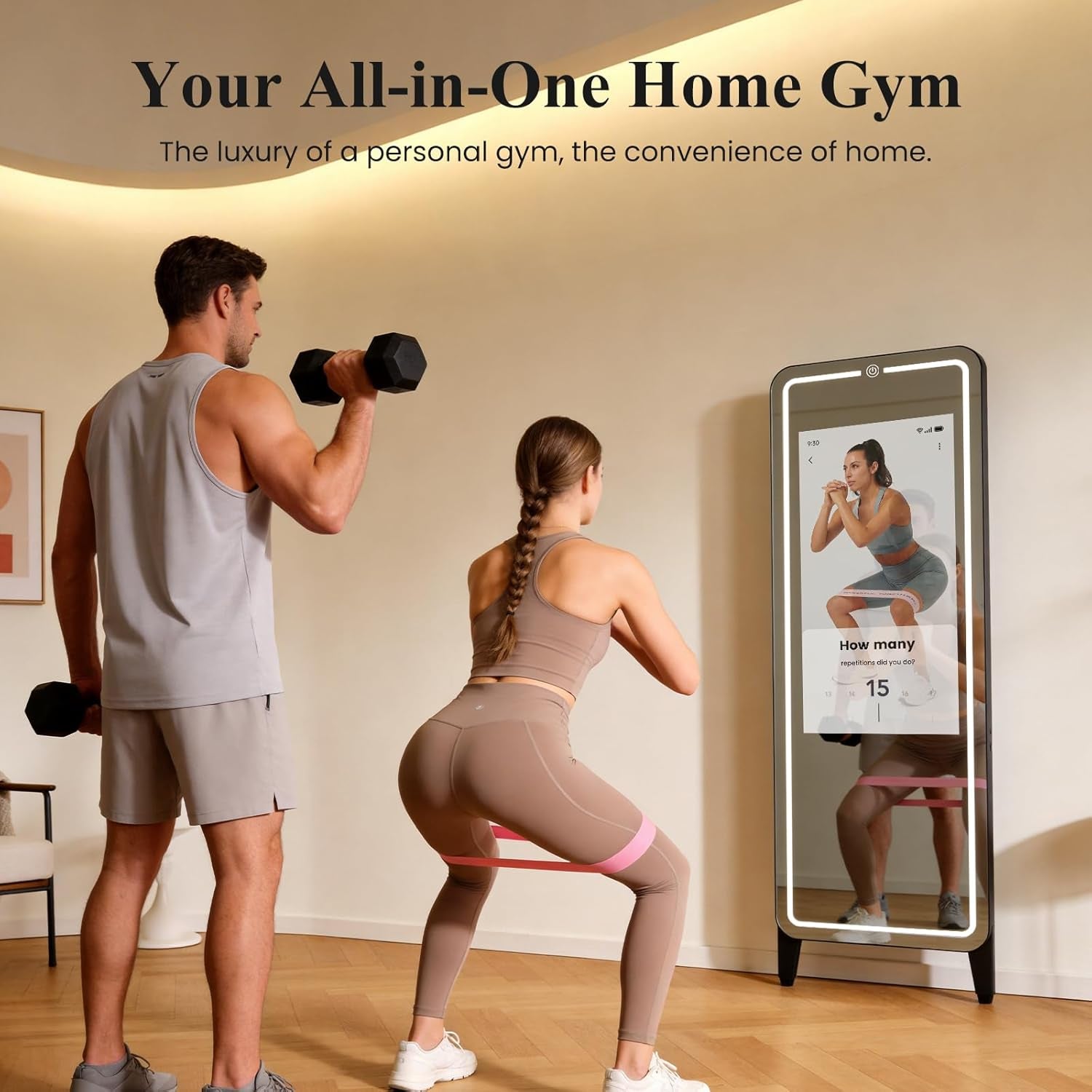Smart Fitness Mirror for Home Gym Workout, 32" Touchscreen & Open System, No Subscription Fees, Support Fitness Apps, Wall Mount & Free Standing, Can Be Used with Home Workout Equipment
