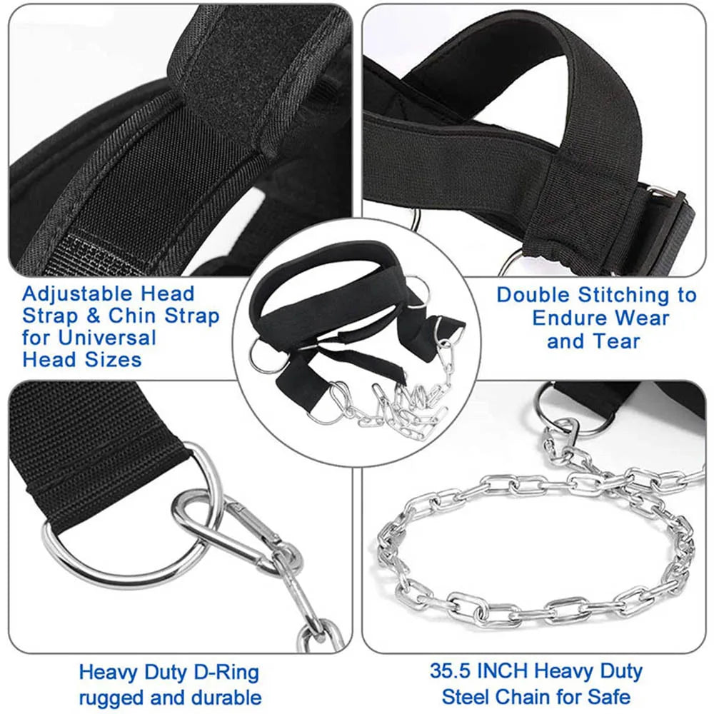 Fitness Neck Head Harness Neck Training Weight Lifting Strength Trainer with Adjustable Long Steel Chain and Strap Improve Muscle Strength Neck Exerciser