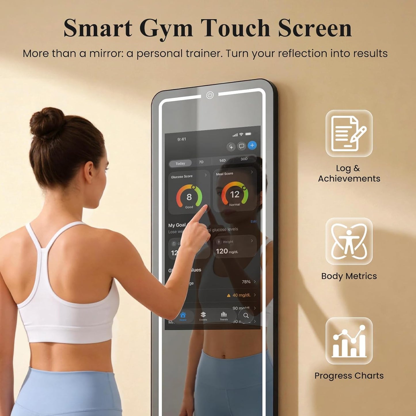 Smart Fitness Mirror for Home Gym Workout, 32" Touchscreen & Open System, No Subscription Fees, Support Fitness Apps, Wall Mount & Free Standing, Can Be Used with Home Workout Equipment