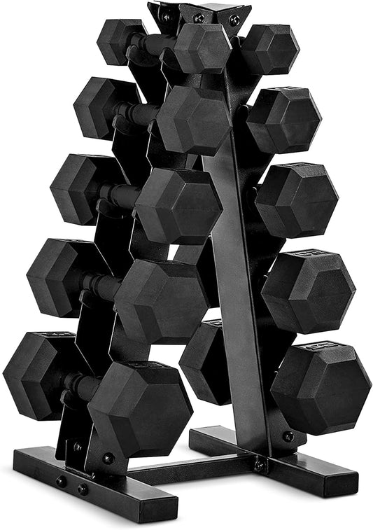 Rubber Coated Hex Dumbbell Set with Storage Rack | 100–210 Lb Options, Space-Saving Vertical Compact Storage for Home Gym Strength Training
