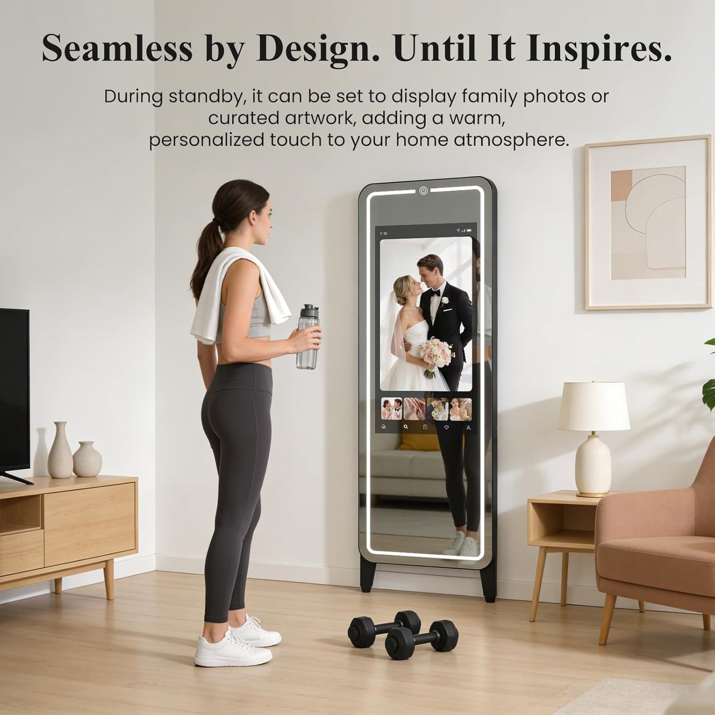 Smart Fitness Mirror for Home Gym Workout, 32" Touchscreen & Open System, No Subscription Fees, Support Fitness Apps, Wall Mount & Free Standing, Can Be Used with Home Workout Equipment