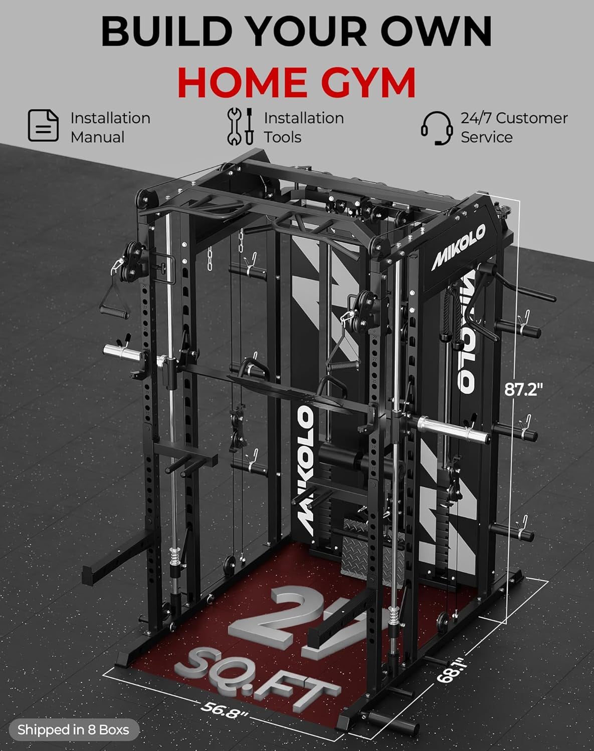 Smith Machine with Weight Stack, Power Cage Home Gym System with LAT Pulldown & Cable Crossover, Multi-Functional Trainer with Dual Pulley System, Includes 10+ Free Attachments