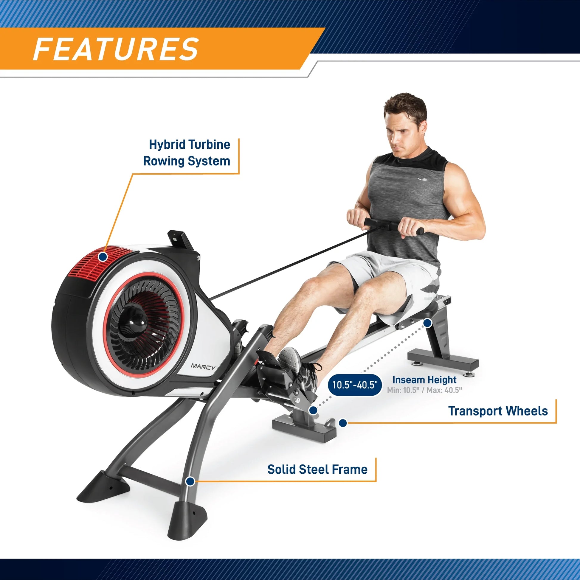 Foldable Turbine Rowing Machine Rower with 8 Resistance Setting and Transport Wheels NS-6050RE