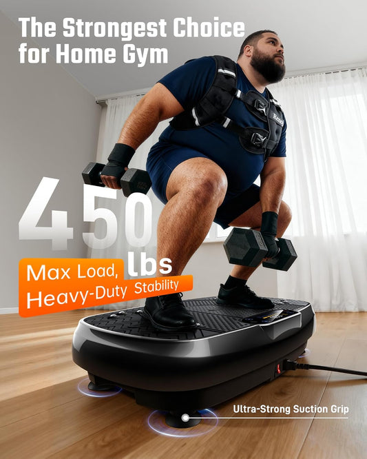 Vibration Plate Exercise Machine, 450Lbs Capacity Full Body Workout Platform, LED Display, Bluetooth Audio, Resistance Bands for Home Gym Office Fitness, Lymphatic Drainage and Weight Loss