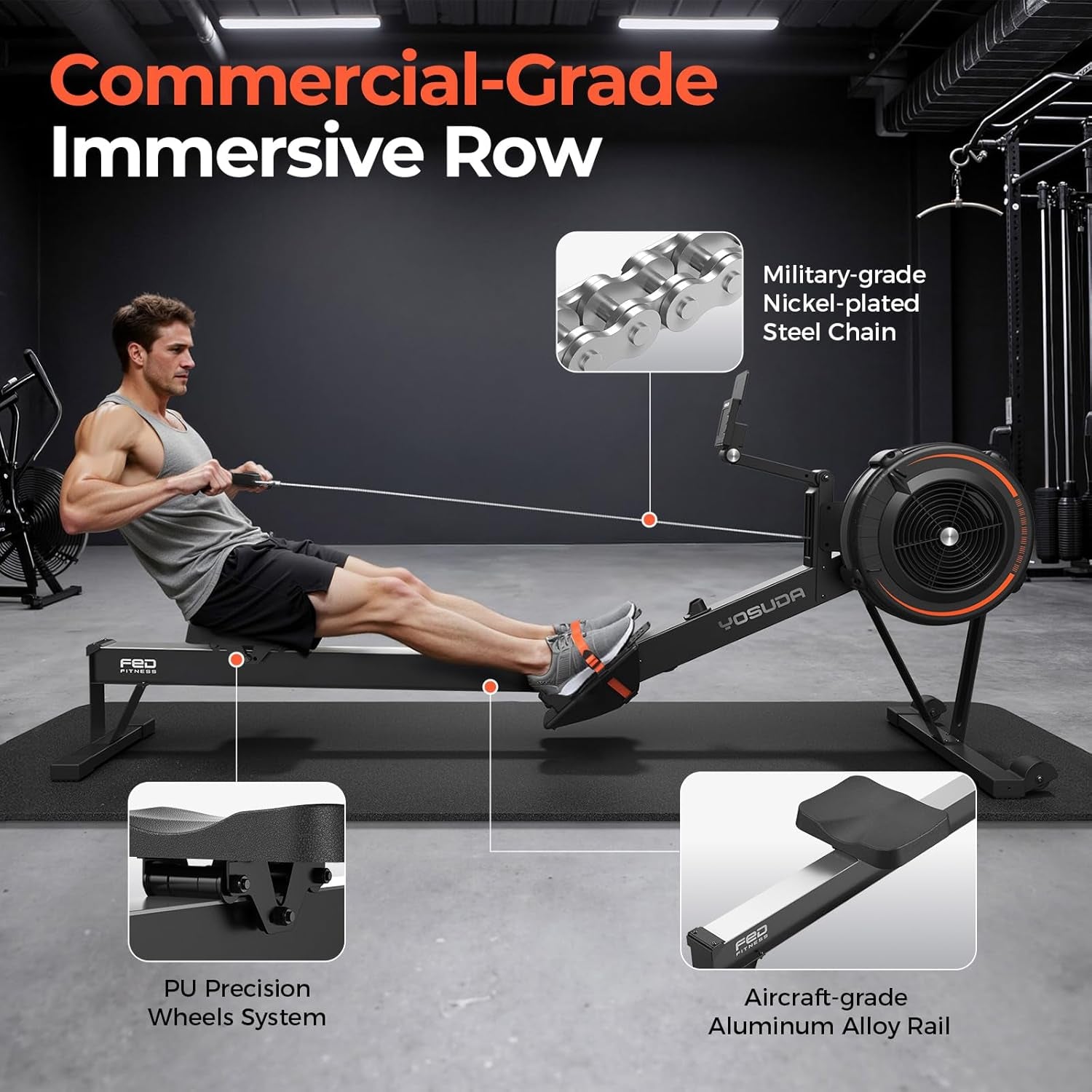 R2 Rowing Machine for Home, Professional Adjustable Air Resistance Rower Machines with Self-Powered Monitor, 53.7'' Row Rail, Ergonomic Comfort Seat, Easy Storage