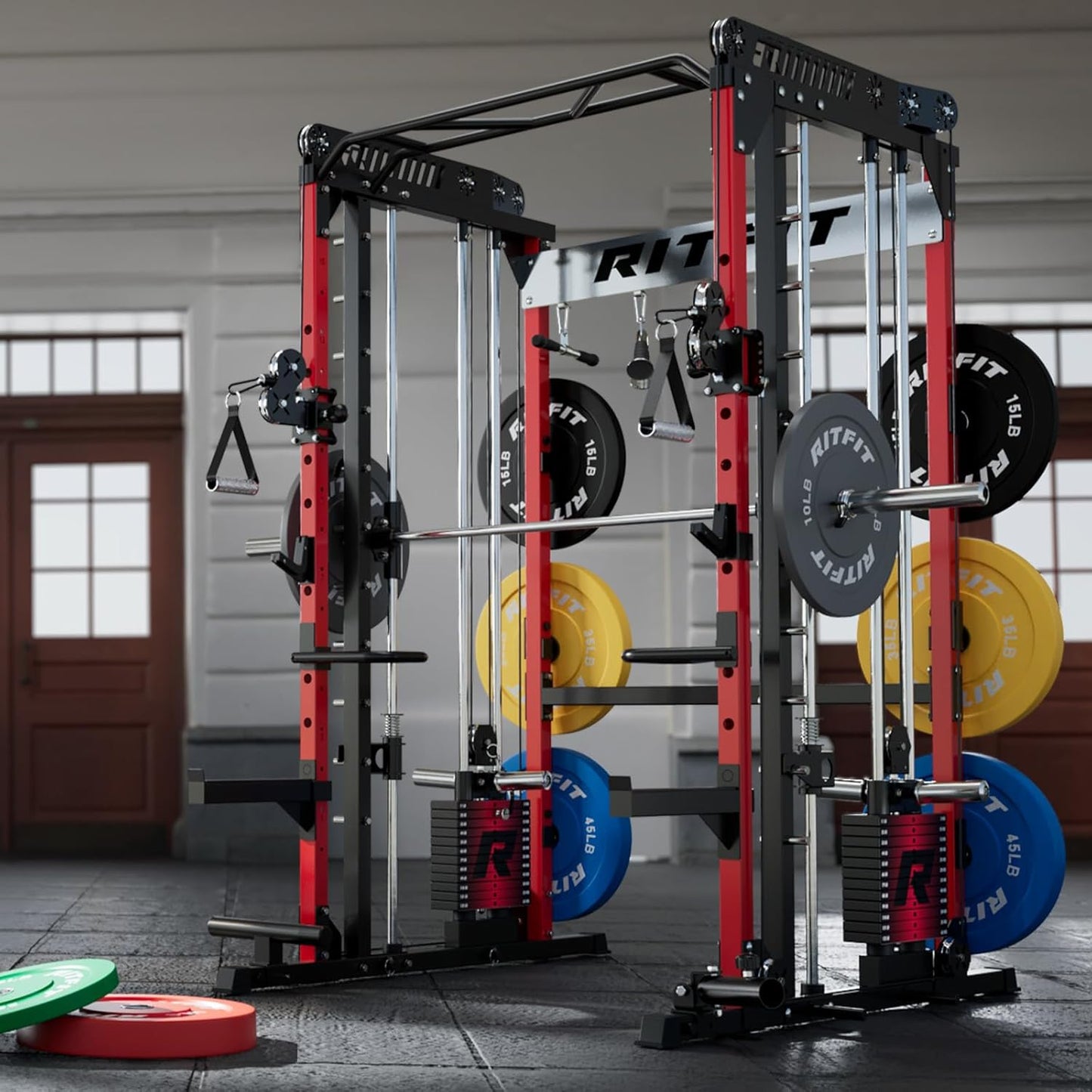 M1 Pro Smith Machine Package, All-In-One Power Cage with Weight Stack Set, Includes LAT Pulldown & Cable Crossover System for Home Gym