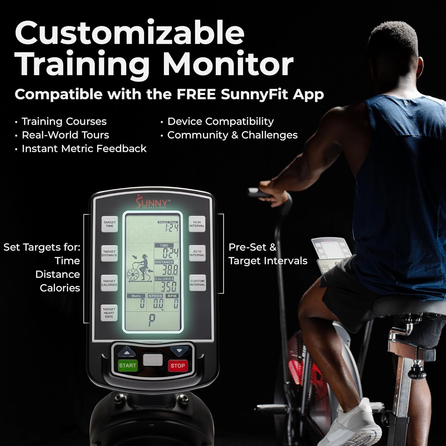 Premium Smart Cross-Training Fan Bike, Air Resistance Cardio Machine W/330Lb Capacity for Intensive Home Workout, Customizable Monitor W/Free Sunnyfit App Connection-Sf-B223018