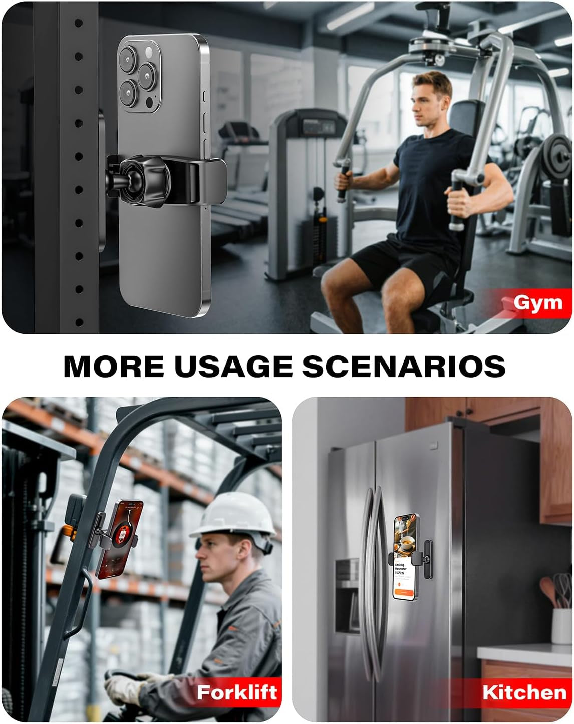Magnetic Phone Holder for Gym, Alloy Base and Joint for Strong Hold, 360° Adjustable, Compatible with 4.7-6.5 Inch Iphone & Android Phones, Secure Workout Equipment Accessory for Men Women