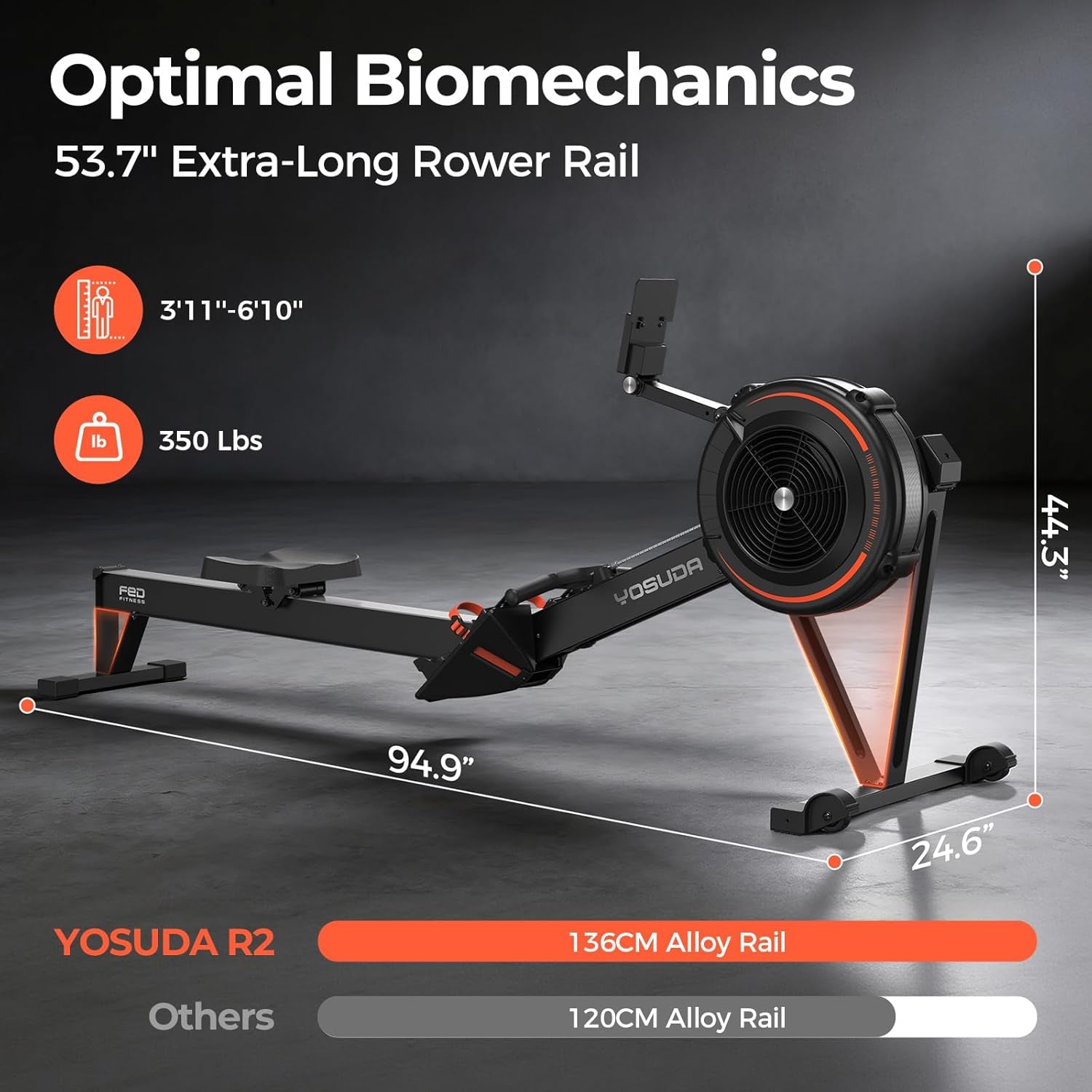 R2 Rowing Machine for Home, Professional Adjustable Air Resistance Rower Machines with Self-Powered Monitor, 53.7'' Row Rail, Ergonomic Comfort Seat, Easy Storage