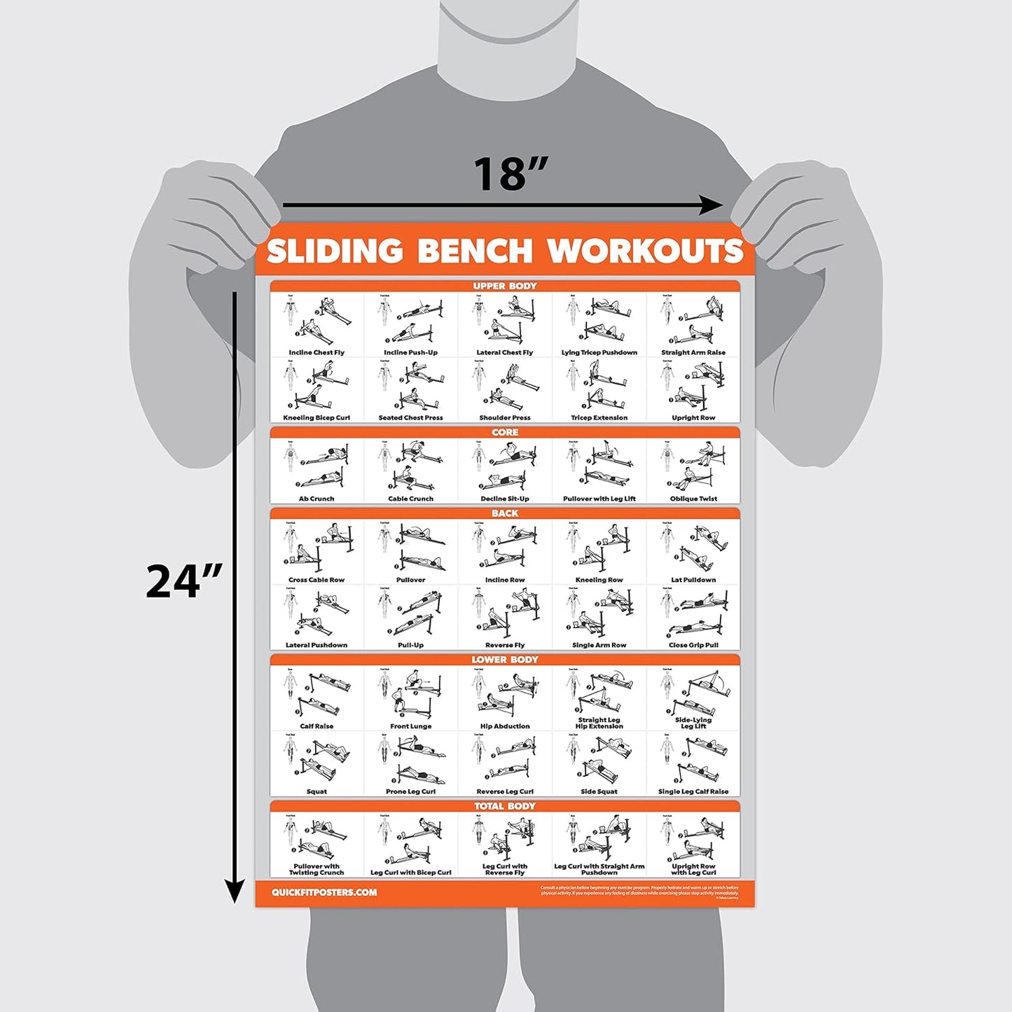 Quickfit 2 Pack - Sliding Bench Workouts & Bodyweight Exercise Poster Set - Compatible with Total Gym & Weider Ultimate Body Works (Laminated, 18" X 24")