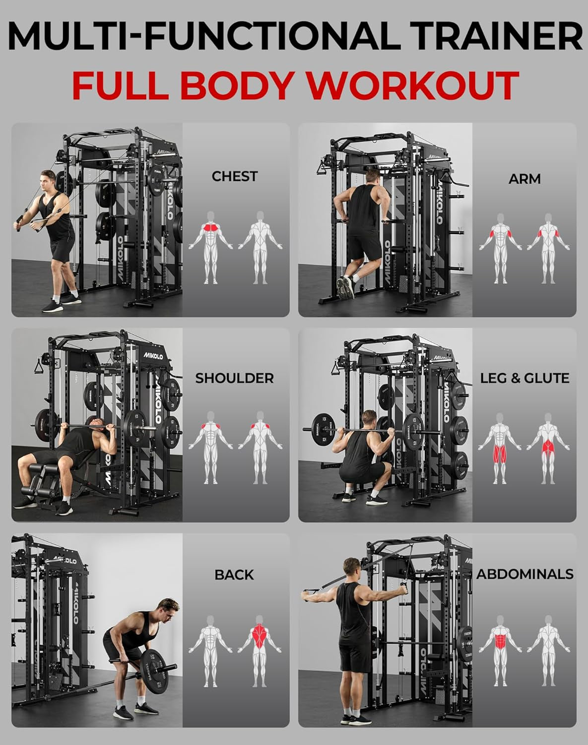 Smith Machine with Weight Stack, Power Cage Home Gym System with LAT Pulldown & Cable Crossover, Multi-Functional Trainer with Dual Pulley System, Includes 10+ Free Attachments
