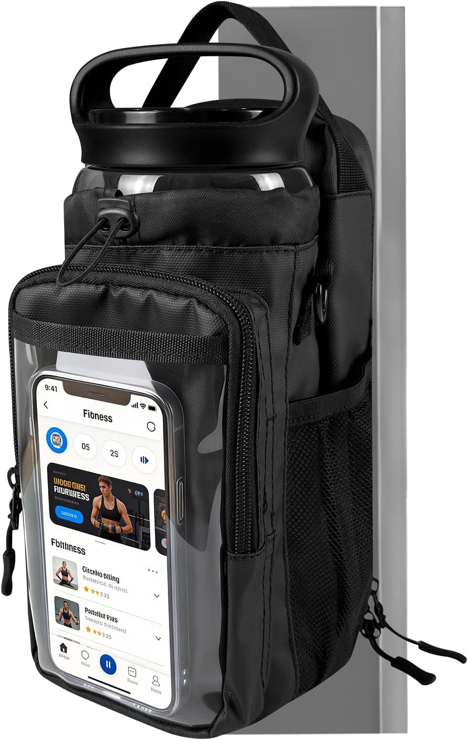 Magnetic Gym Bag, Magnetic Gym Water Bottle Bag with Strap 4 Strong Magnets, Upgraded Clear Design Phone Bag, Gym Gifts for Men & Women Gym Accessories (Black)