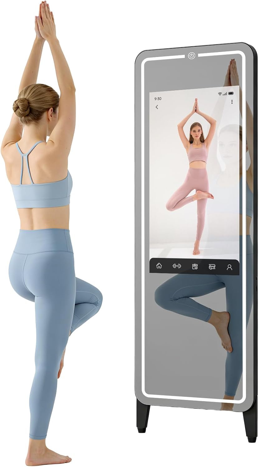 Smart Fitness Mirror for Home Gym Workout, 32" Touchscreen & Open System, No Subscription Fees, Support Fitness Apps, Wall Mount & Free Standing, Can Be Used with Home Workout Equipment