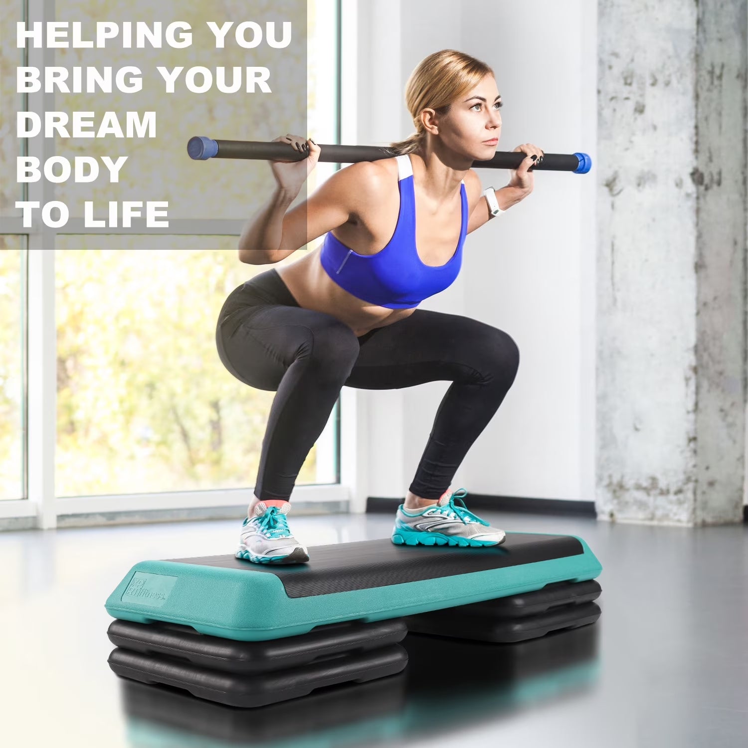 Aerobic Stepper 43’’ Platform with 4 Risers Health Club Size Step Exercise - Green with Rubber Cover