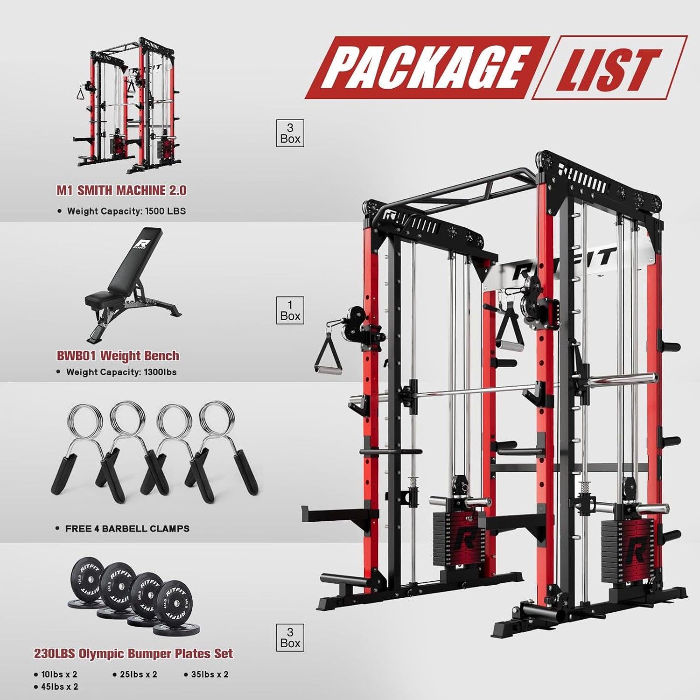 M1 Pro Smith Machine Package, All-In-One Power Cage with Weight Stack Set, Includes LAT Pulldown & Cable Crossover System for Home Gym