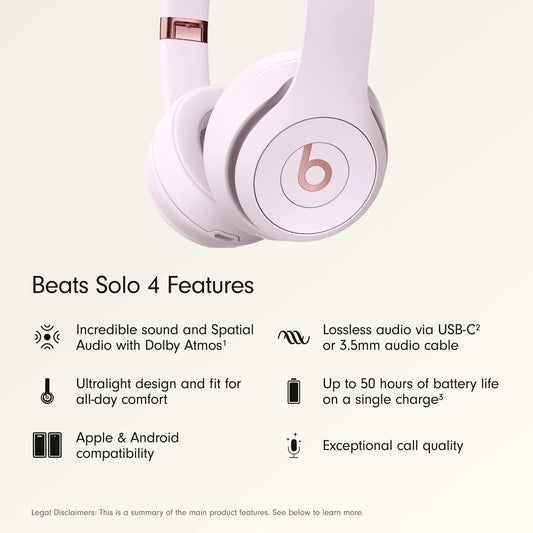 Solo 4 Wireless On-Ear Bluetooth Headphones - Up to 50 Hours Battery Life, Ultra-Lightweight Comfort, Enhanced Sound Quality, Compatible with Apple and Android - Cloud Pink