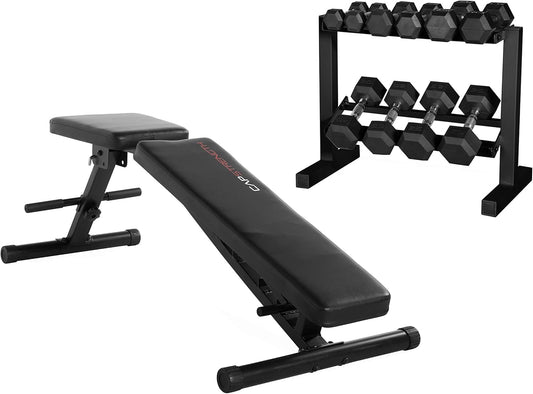 150-Pound Dumbbell Set, 24-Inch Black Rack & Adjustable Bench Bundle