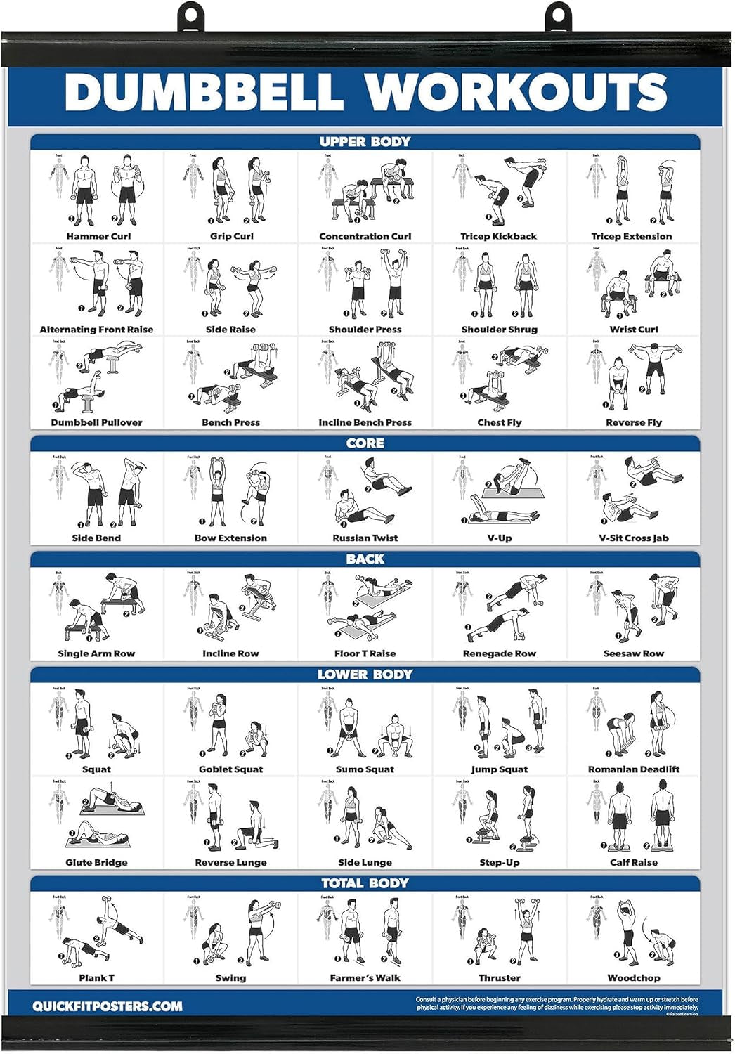 Exercise Poster for Dumbbell Training - Includes Instructions for Bodybuilding - Home Gym Chart - Laminated with Plastic Frame - 18" X 24"