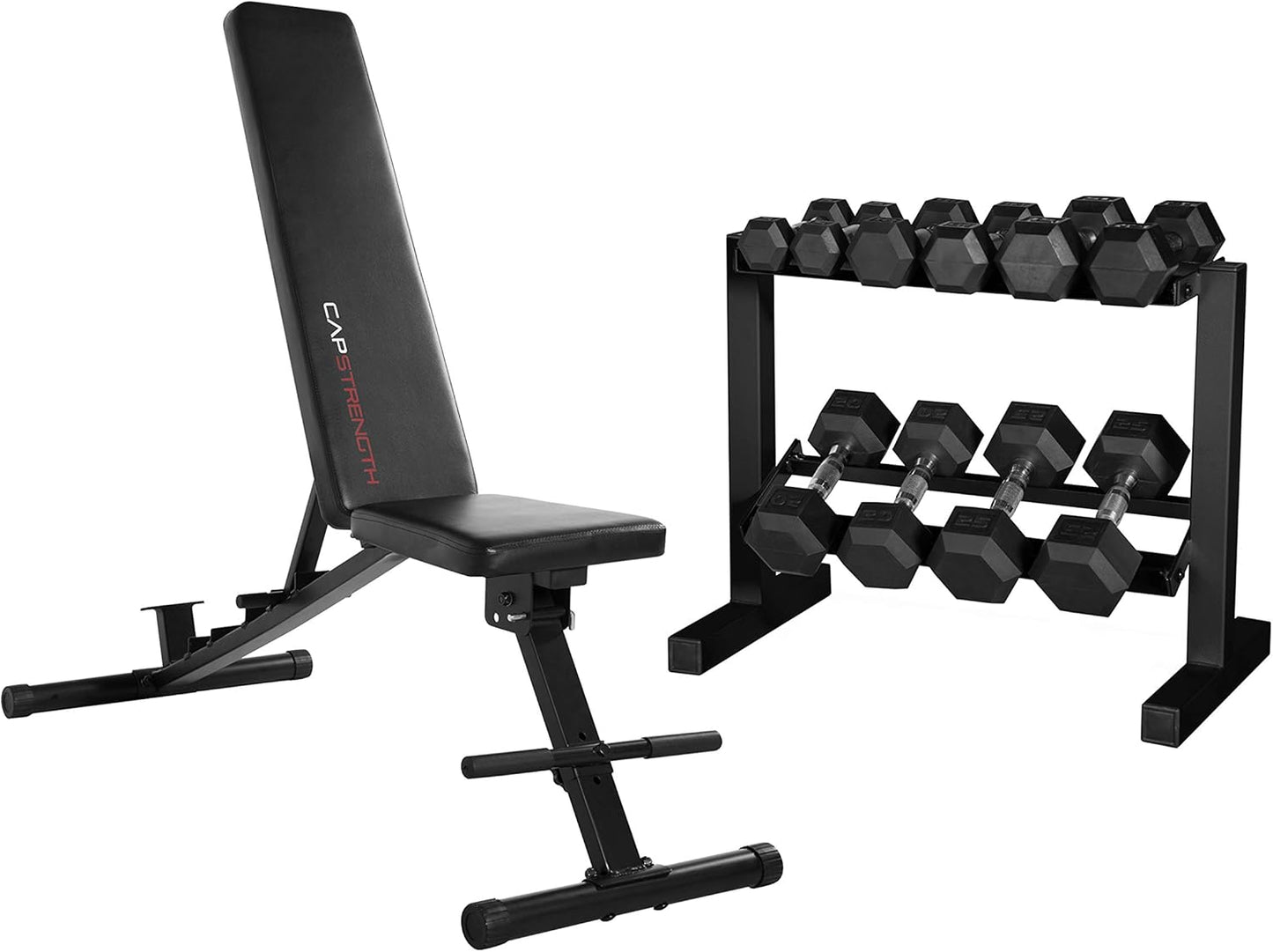 150-Pound Dumbbell Set, 24-Inch Black Rack & Adjustable Bench Bundle