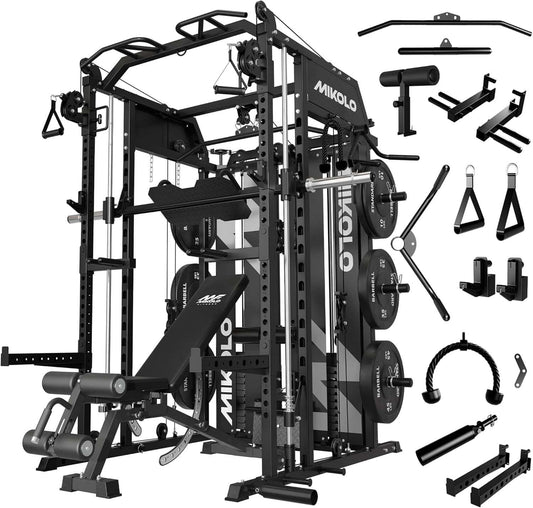 Smith Machine with Weight Stack, Power Cage Home Gym System with LAT Pulldown & Cable Crossover, Multi-Functional Trainer with Dual Pulley System, Includes 10+ Free Attachments
