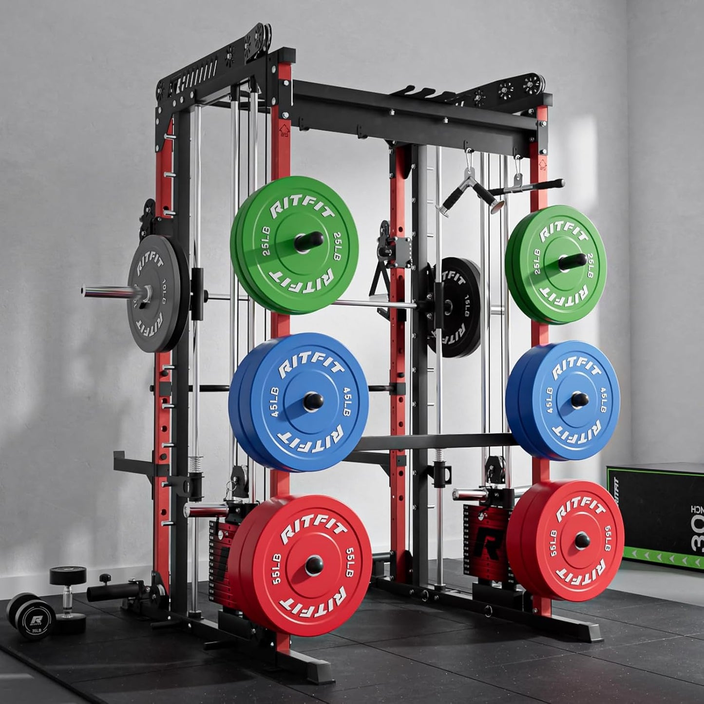M1 Pro Smith Machine Package, All-In-One Power Cage with Weight Stack Set, Includes LAT Pulldown & Cable Crossover System for Home Gym