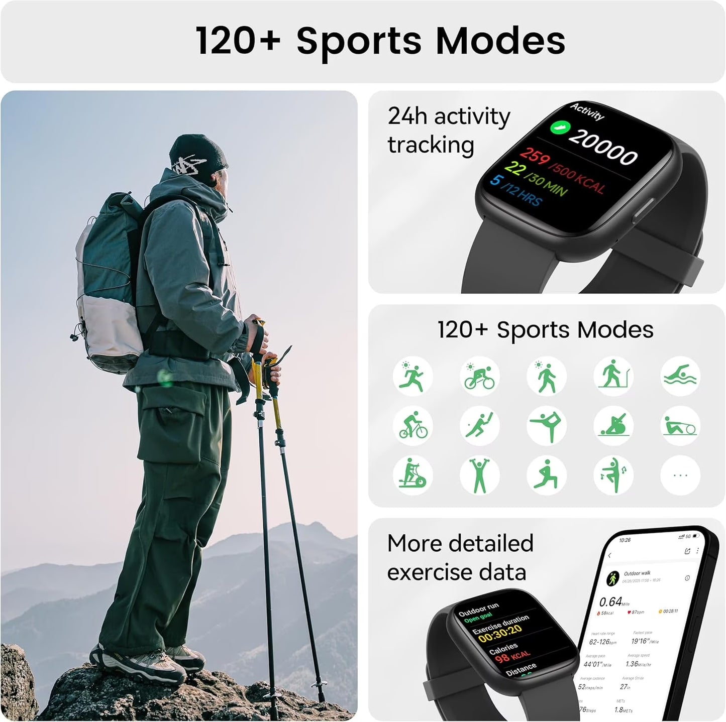 Smart Watch with Alexa Built‑In, 1.83” HD Display, Bluetooth Call, Fitness Tracker with 120+ Sports Modes, IP68 Waterproof Activity Watch for Android & iPhone – Black