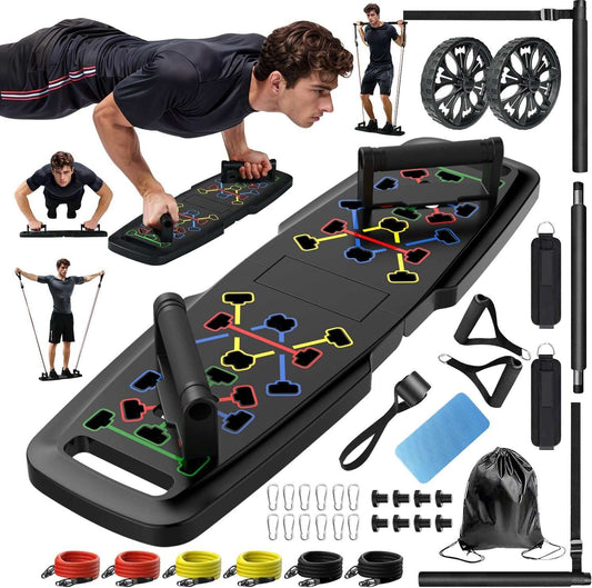 Push Up Board Home Gym Kit with color-coded board, resistance bands, ab roller, and accessories for full-body workouts