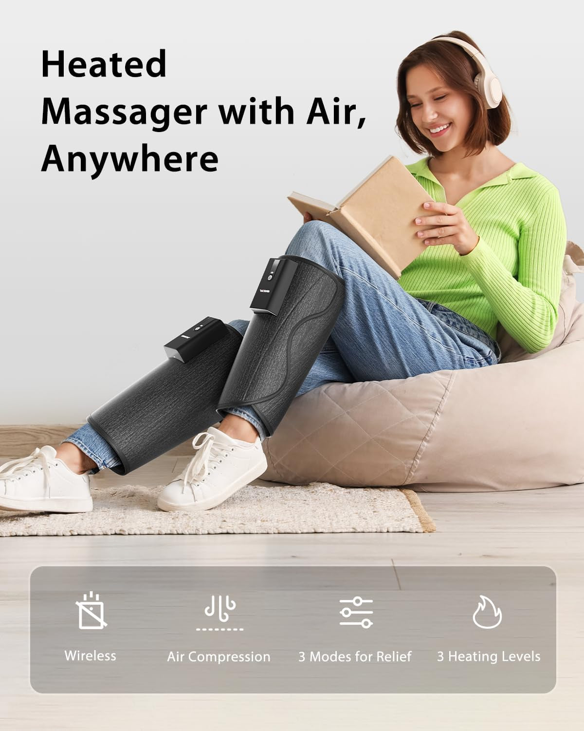 Leg Massager with Heat and Air Compression, Cordless Calf Massager for Circulation and Pain Relief, Rechargeable Leg Compression Massager for Edema Leg Relief
