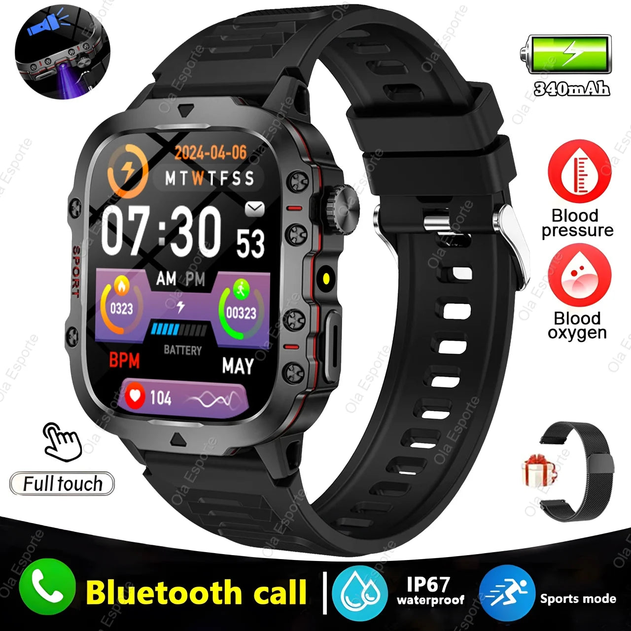 Men’s Smartwatch 2025 – Bluetooth Calling, Flashlight, IP68 Waterproof Fitness Tracker for Android & iOS